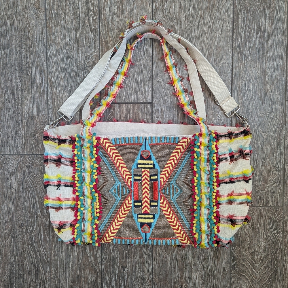 America & Beyond Impala Aztec Hand Beaded Tote Weekender Bag Boho